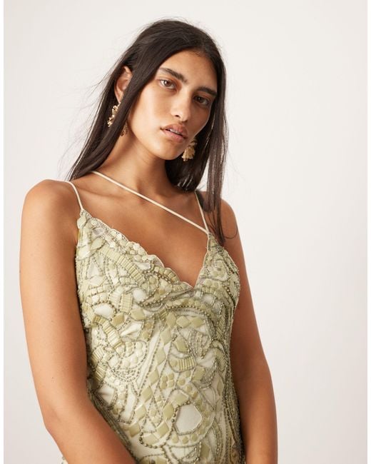ASOS Natural Mosaic Embellished Strappy Cami Midi Dress With Low Back