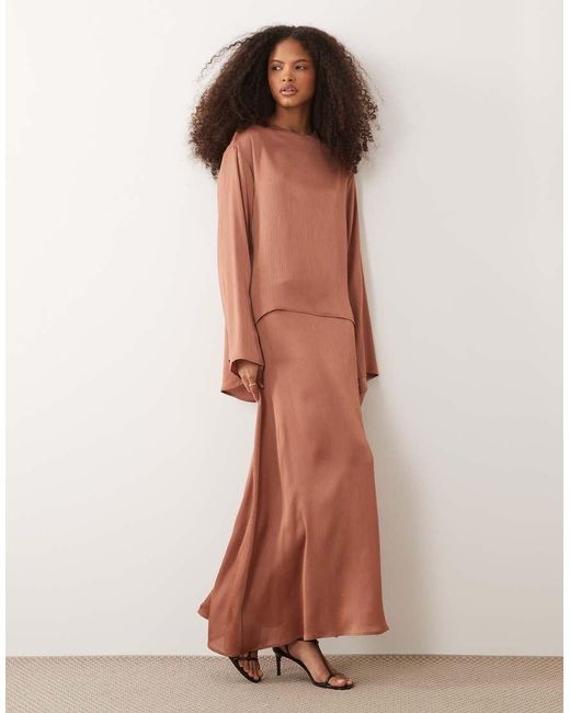 Iyal Brown Hammered Satin High Neck Long Sleeve Tunic Top Co-ord