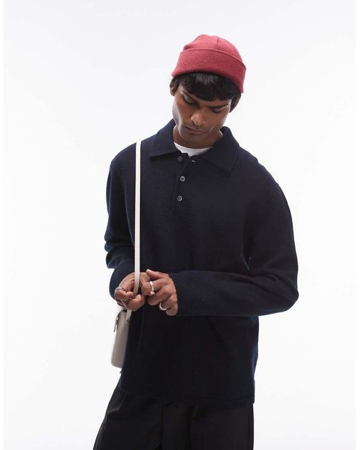 ARKET Blue Boiled Wool Jumper With Button Polo Collar for men