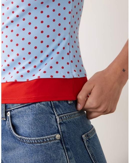 ASOS Blue Short Sleeve Double Layer Polka Dot Top In