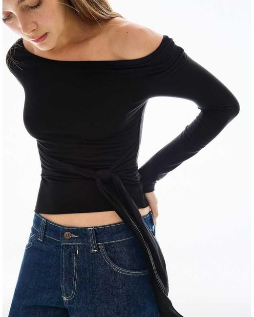 Bershka Black Asymmetric Long Sleeve T-shirt With Tie