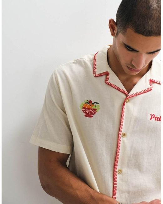 ASOS Natural Relaxed Revere Shirt With Linen And Chest And Border Embroidery for men