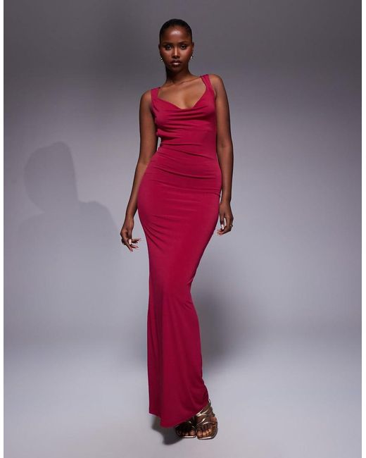 Tiger Mist Red Zita Square Neck Open Scoop Back Satin Bow Detail Maxi Dress