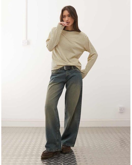 Motel Natural Kumiko Long Sleeve Boat Neck Striped Top