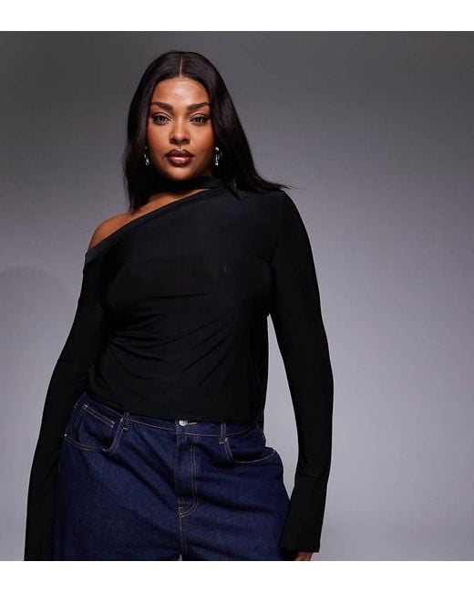 ASOS Blue Asos Design Curve Slinky Scarf Neck Off Shoulder Top With Flare Sleeves