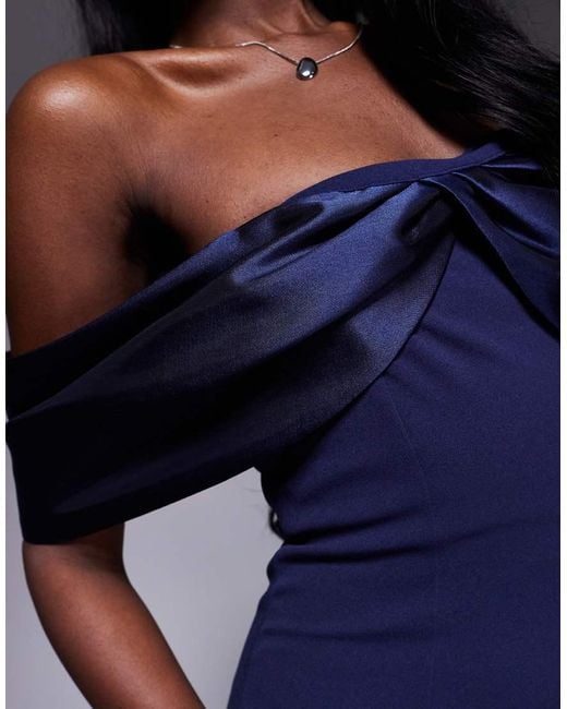 Goddiva Blue Twist Knot Satin & Scuba Bardot High Low Midi Dress