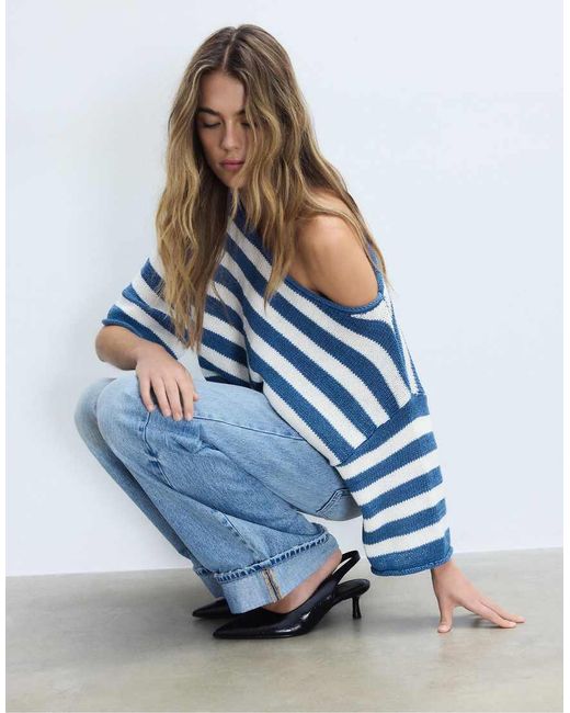 Stradivarius Blue Boat Neck Knit Sweater