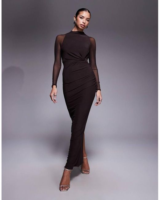ASOS Blue Mesh Long Sleeve Twist Bust Detail Halter Maxi Dress