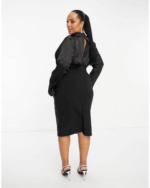 ASOS Black Curve High Neck Satin Midi Dress With Structured Skirt
