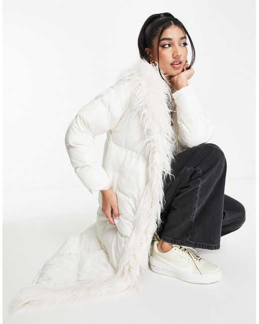 Miss Selfridge White Mongolian Faux Fur Longline Puffer Coat