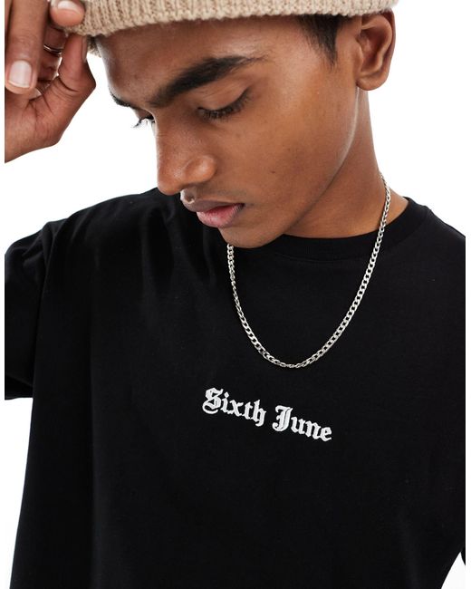 Sixth June Black Oversized Crew Embroidered T-shirt for men