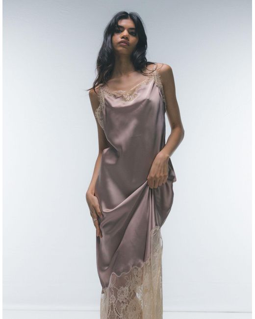 TOPSHOP Brown Contrast Lace Midi Slip Dress
