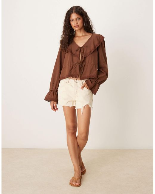 ASOS Brown Cotton Tie Front Ruffle Boho Blouse