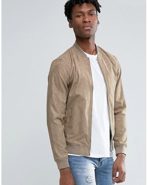 Pull&Bear Natural Faux Suede Bomber Jacket In Beige for men