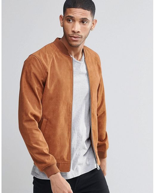 Pull&Bear Brown Faux Suede Bomber Jacket In Tan for men
