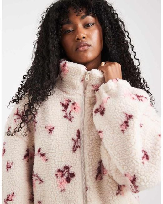 Miss Selfridge Natural Floral Borg Zip Through Jacket