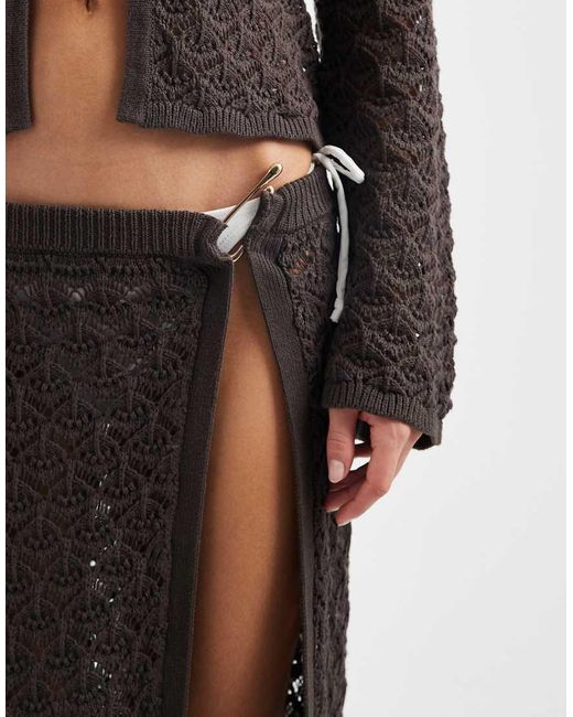 4th & Reckless White Cotton Rich Crochet Knit Metal Detail Side Split Maxi Beach Skirt Co-ord