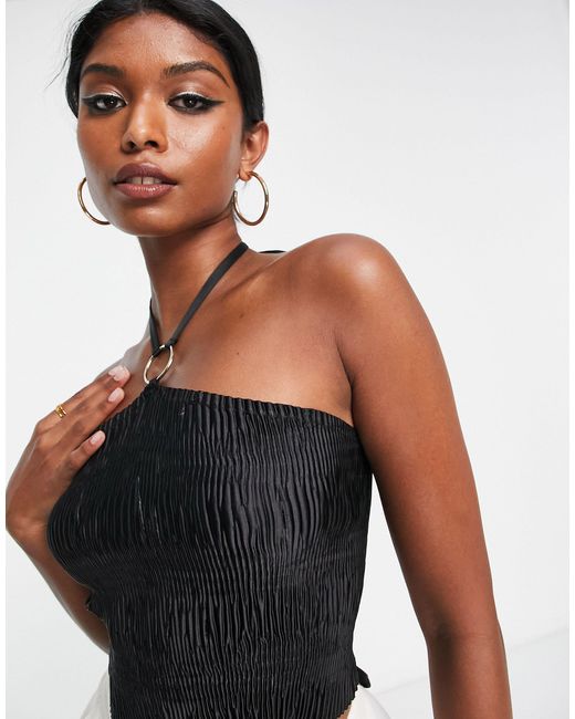 ASOS Plisse Halter Neck Crop Top With Ring Detail in Black | Lyst