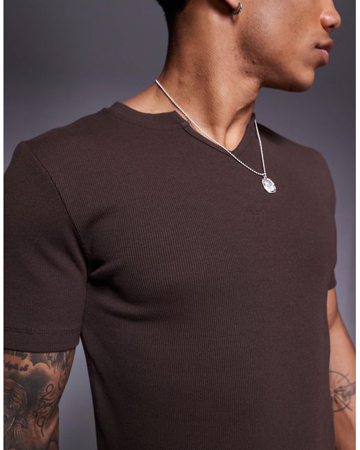 T-shirt moulant côtelé avec col cranté ASOS pour homme en coloris Brown