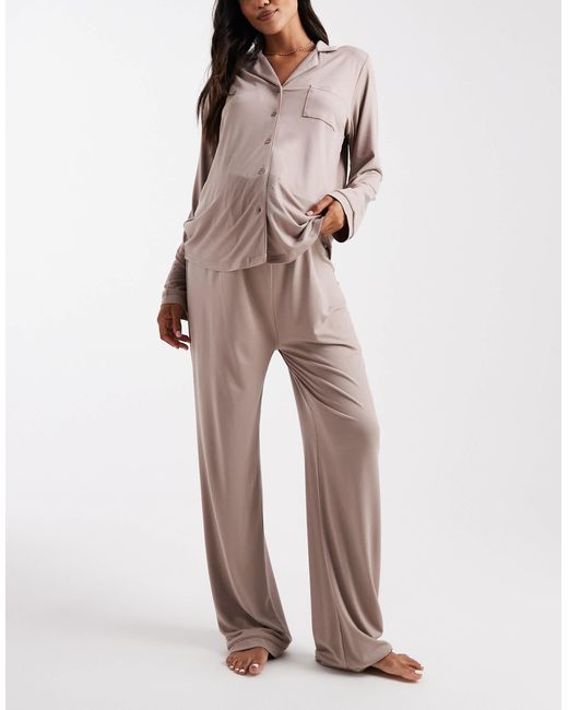 Loungeable Natural Maternity Super Soft Jersey Revere Top And Wide Leg Pyjama Set With Piping Detail