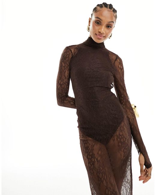 ASOS Brown Asos Design Tall Lace Overlay Body Maxi Dress