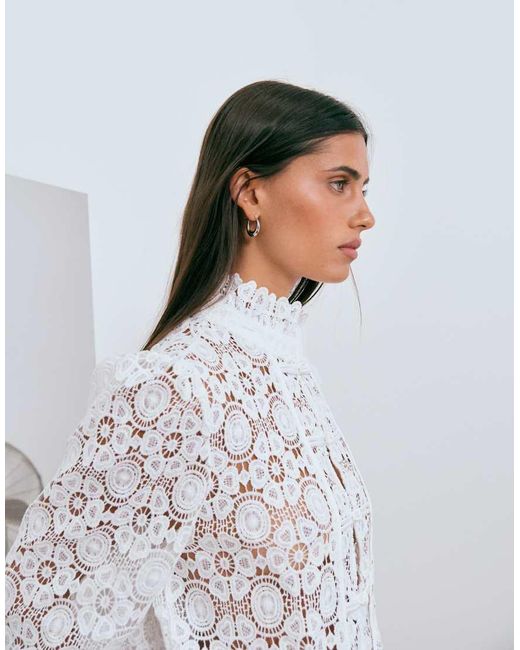 Lioness Metallic Overtime Sheer Lace Intricate Floral Napoleon Button Detail Balloon Sleeve Blouse