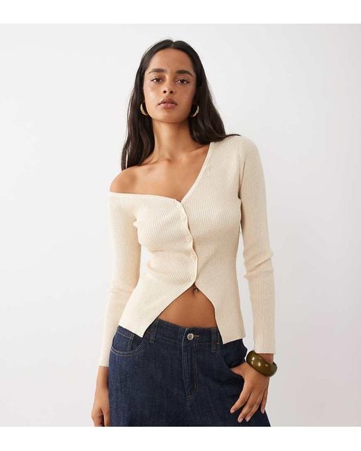 Kaiia White Exclusive Ribbed Knit Off Shoulder Button Split Front Long Sleeve Top
