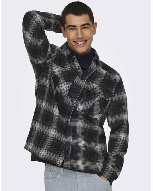 Only & Sons Black Checked Overshirt for men
