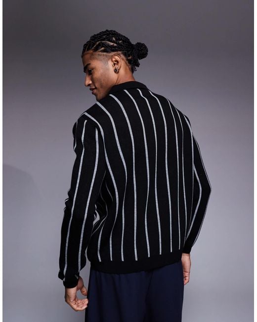 ASOS Blue Relaxed Knitted Stripe Notch Neck Polo for men