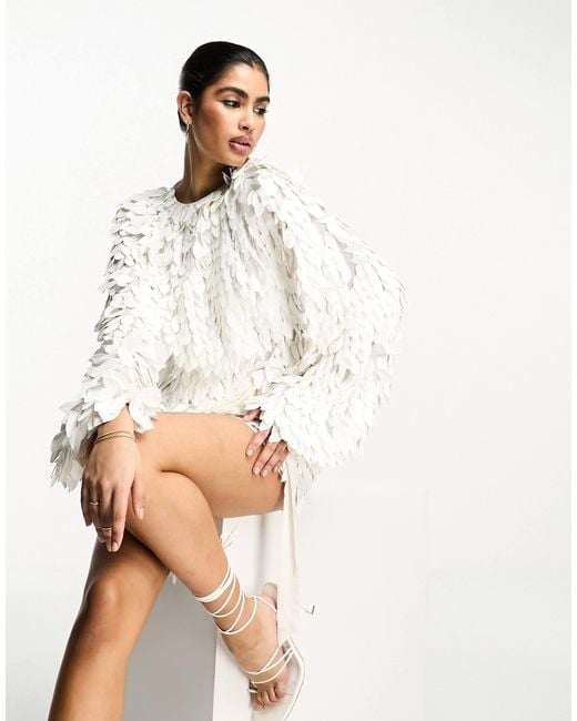ASOS All Over Feather Sequin Embellished Long Sleeved Mini Dress in White |  Lyst UK