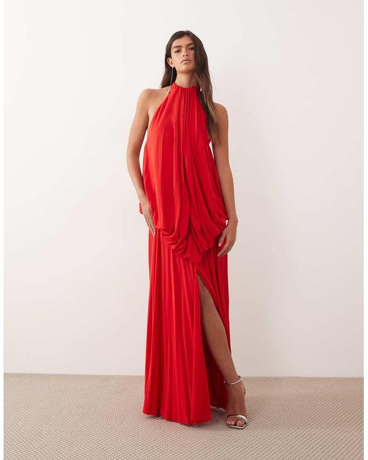 ARRANGE Red Blouson Bodice Low Back Halter Maxi Dress