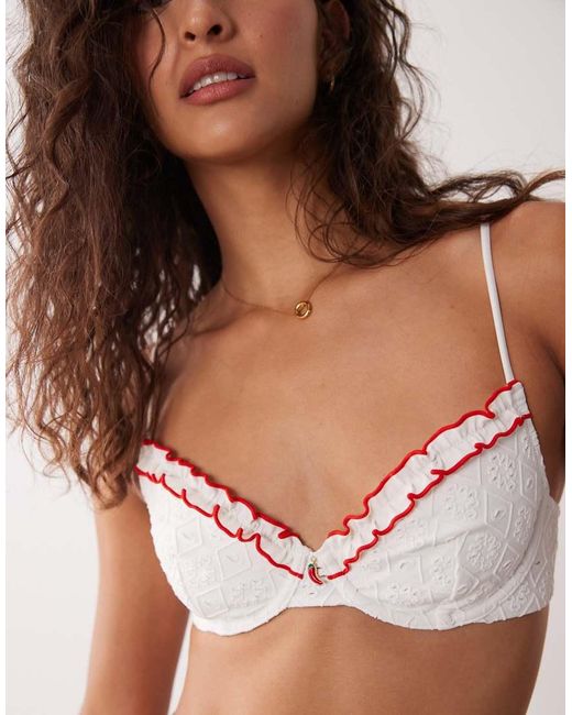 ASOS Brown Brynn Broderie Frilly Underwired Bikini Top With Chilli Charm