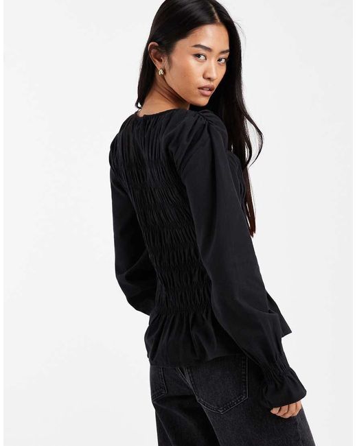 Vero Moda Black Shirred Bodice Top With Poet Sleeve