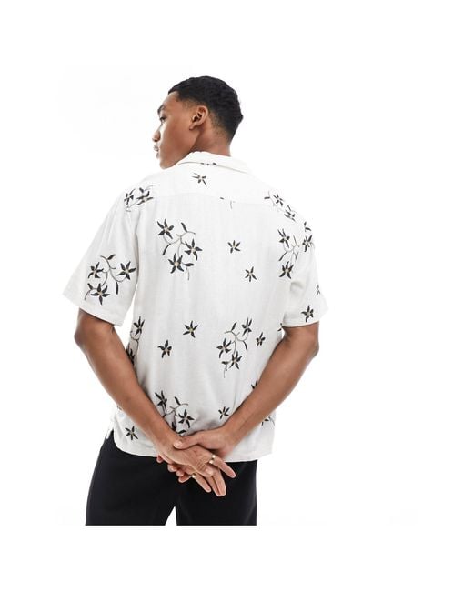 Abercrombie & Fitch White Floral Embroidery Linen Blend Short Sleeve Shirt for men