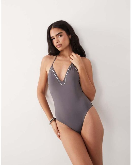 Mango Purple Plunge Neck Studded Trim Swim Suite