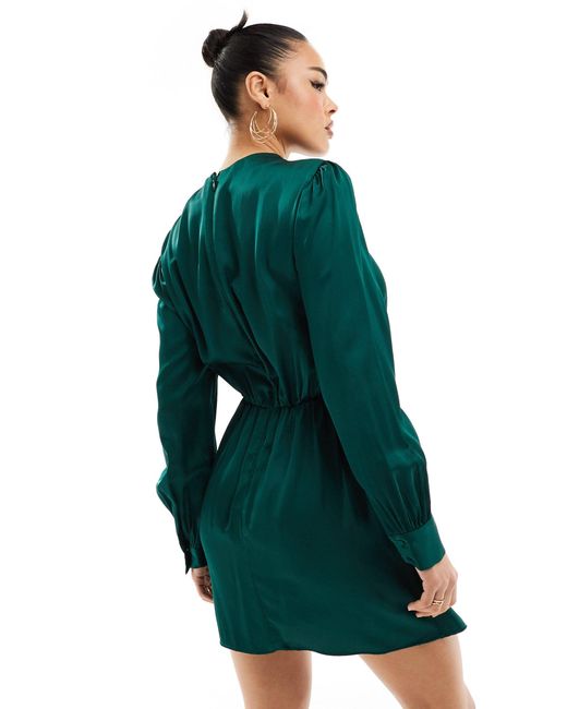 Abercrombie & Fitch Green Long Sleeve Satin Draped Dress
