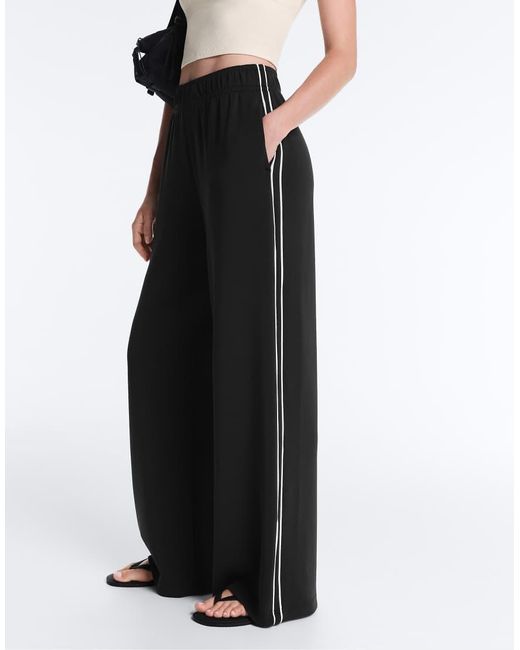 Oysho White Wide-Leg Modal Piping Trousers
