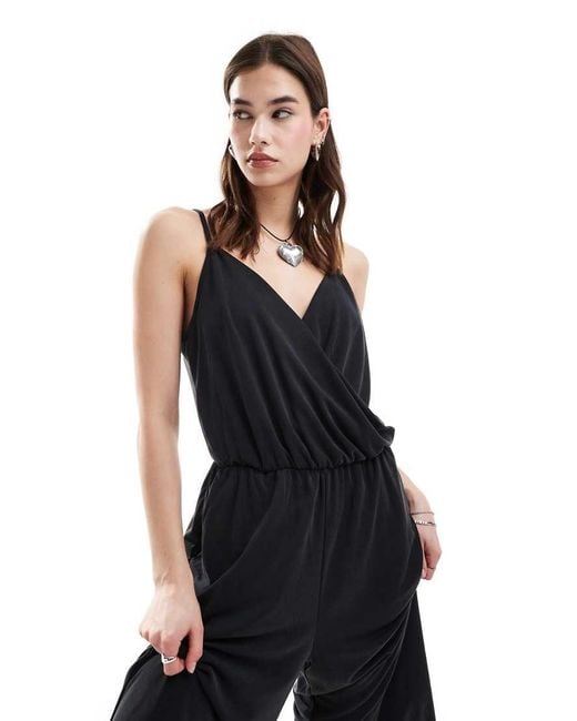 Monki Black Drapey Wide Leg Cami Jumpsuit With Wrap Front