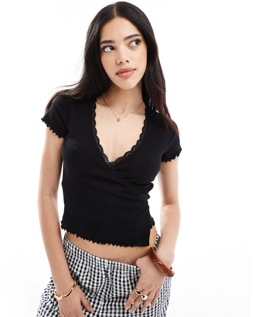 Miss Selfridge Black Pointelle Wrap Detail Top
