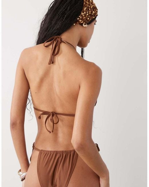 Reclaimed Vintage Brown Tie Back Triangle Bikini Top With Frills