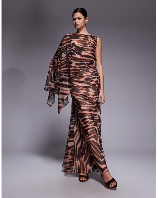 ASOS Brown Layered Sleeve Overlay Maxi Dress With Draped Skirt
