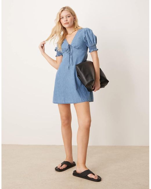 ASOS Blue Soft Denim Puff Sleeve Mini Dress With Frill Detail