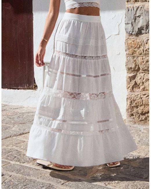 4th & Reckless Brown X Luana Barron Contains Linen Tiered Lace Insert Maxi Beach Skirt Co-ord
