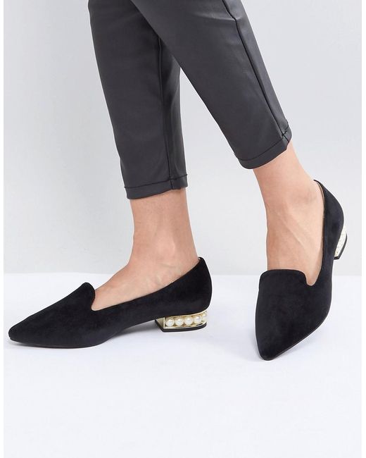 Glamorous Black Pearl Heel Detail Flat Shoes