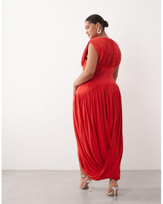 ARRANGE Red Curve Gathe Drape Maxi Dress With Cinched Waist
