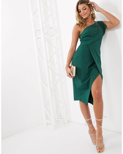 Lavish Alice Green One Shoulder Cutout Midi Wrap Dress