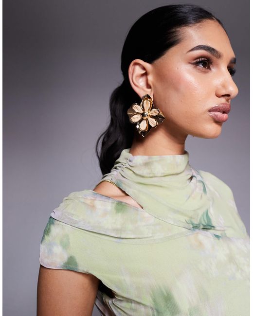 Robe courte en tulle à mancherons et fente sur l'épaule - vert fleuri ASOS en coloris Gray