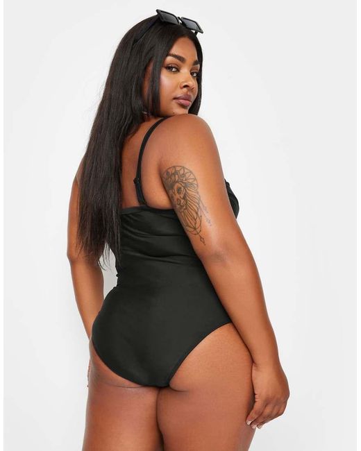 Yours Clothing Black Double Crossover Tummy Control Swimsuit