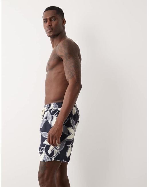 Threadbare Blue Drawstring Waist Swim Shorts With Leaf Print for men