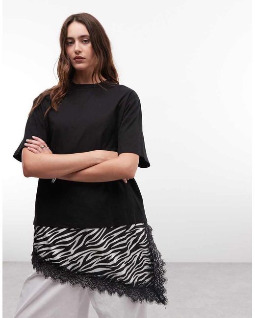 Noisy May Black Oversized T-shirt With Asymm Satin Lace Hem Underlay